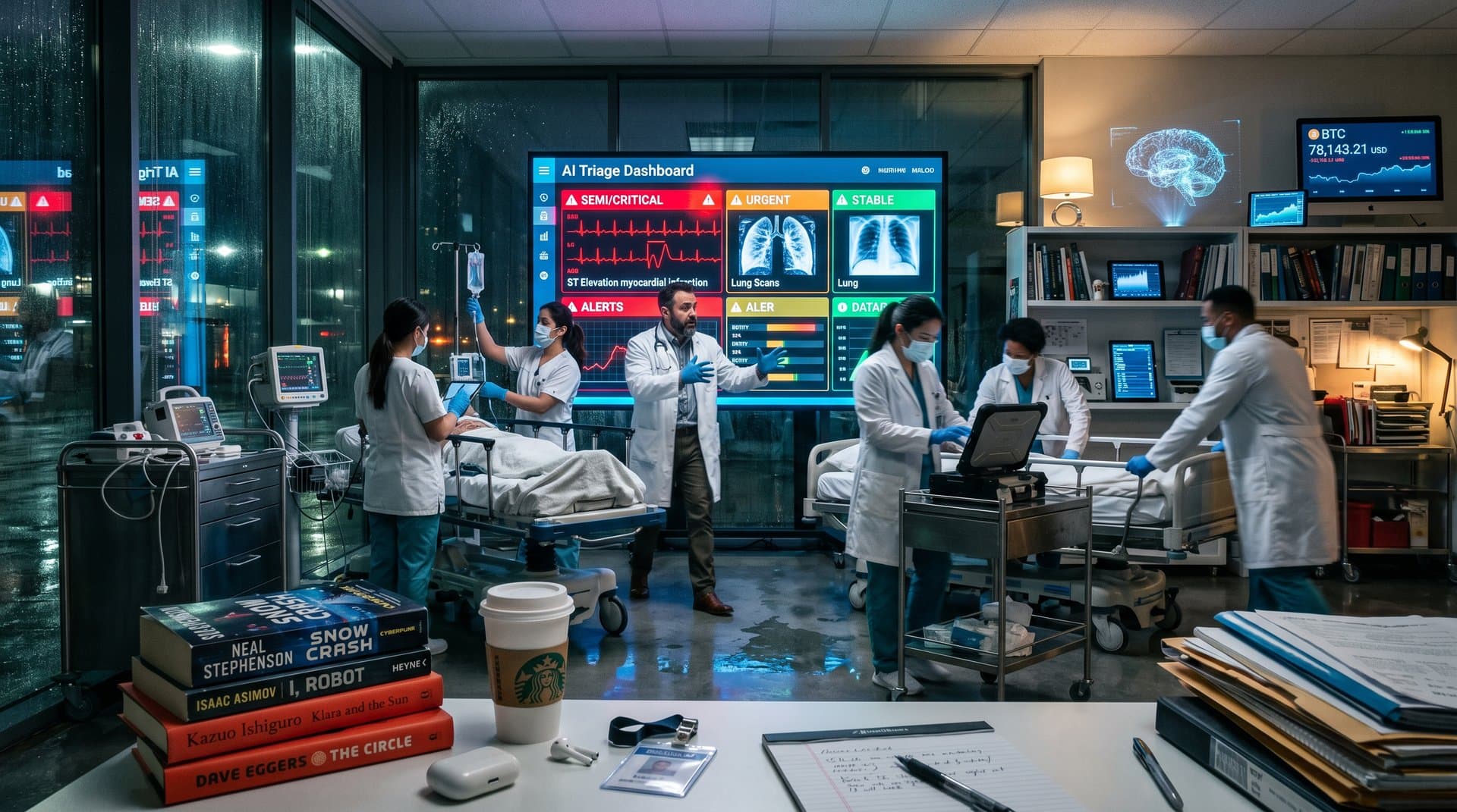 KI-Triage in Notaufnahme mit Sci-Fi-Büchern und BTC-Charts