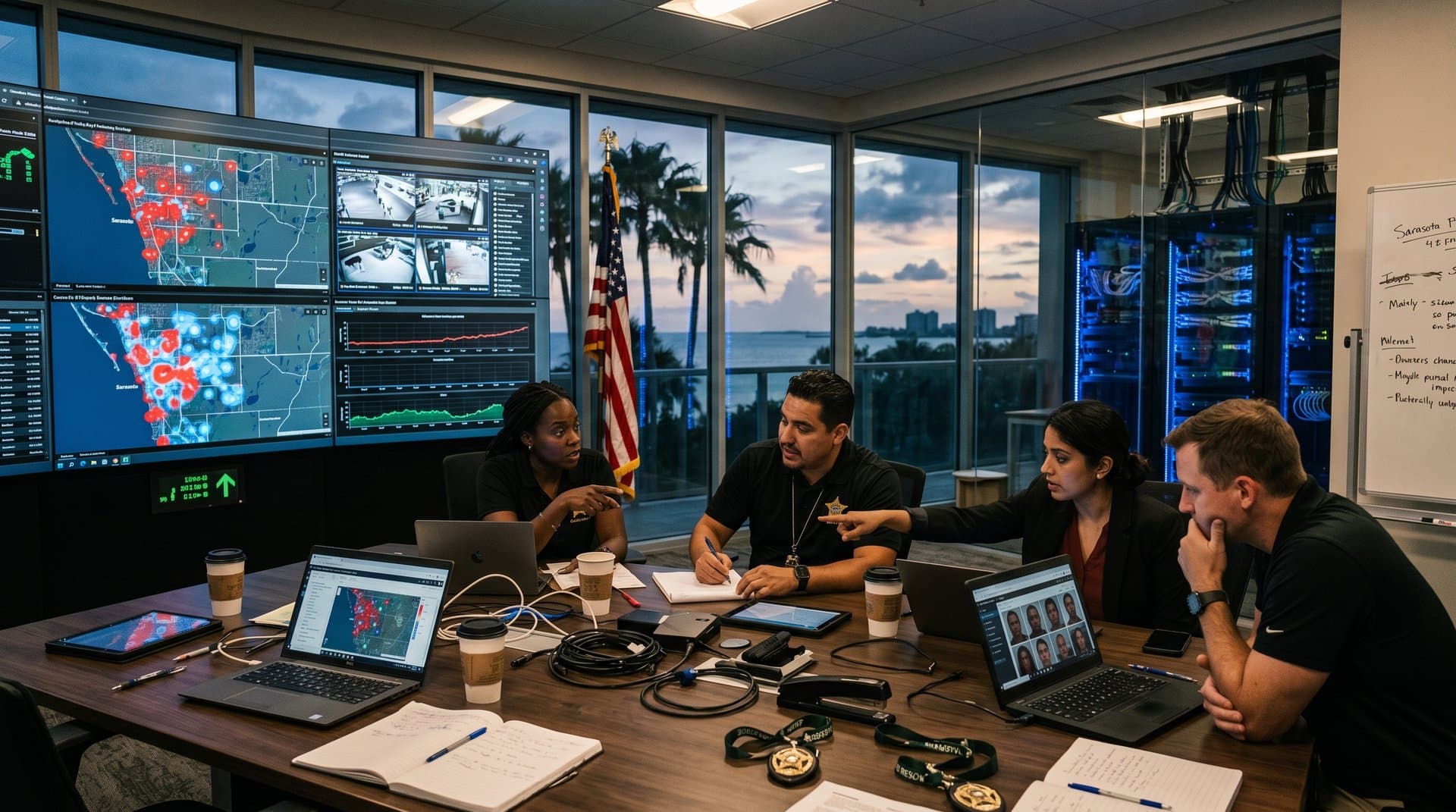 High-tech sheriff fusion center with AI dashboards, monitors, server racks and Florida skyline