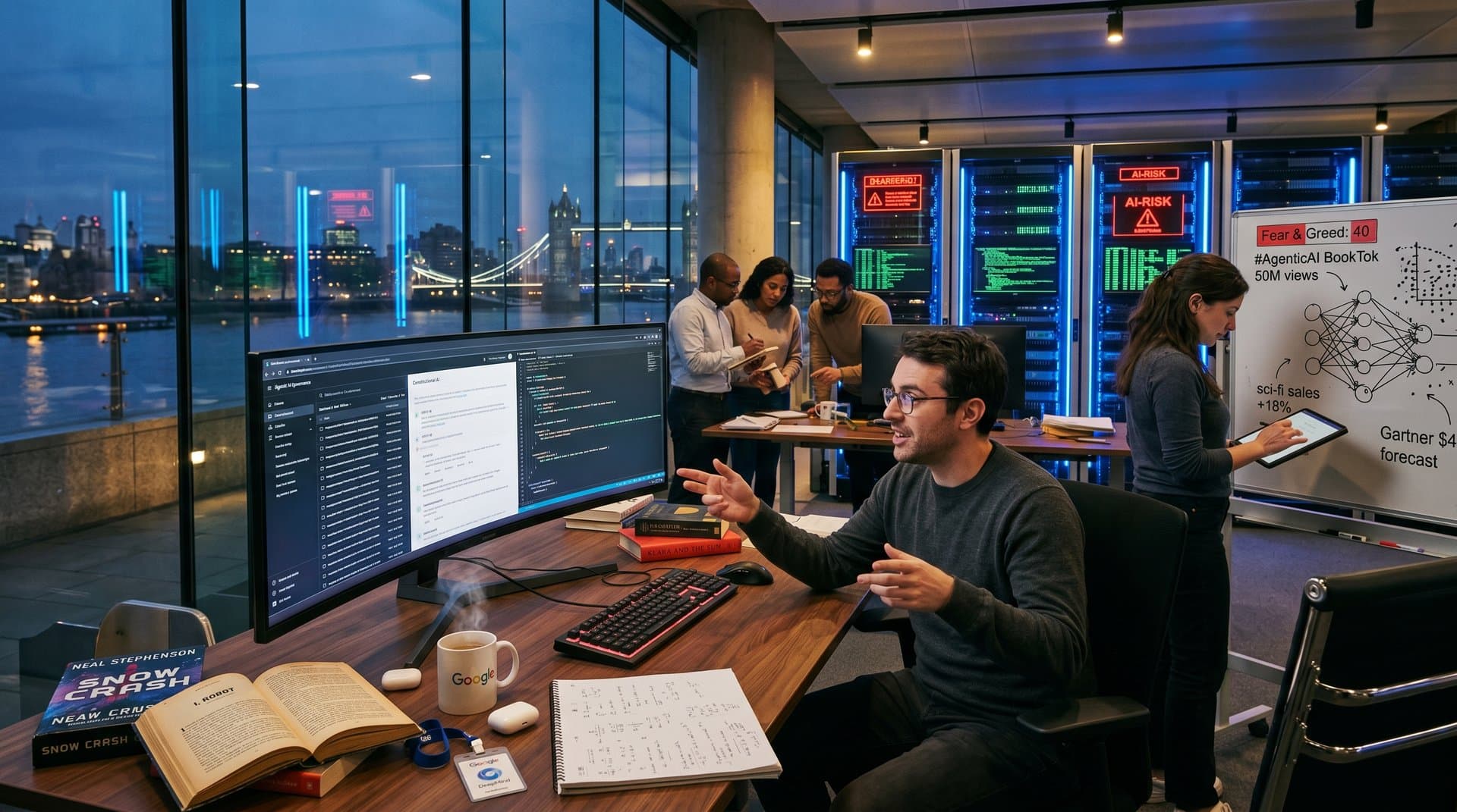 Futuristisches DeepMind-Lab mit agentischer KI-Governance-Dashboards, Asimov-Büchern, BookTok-Stats und Fear & Greed 40 vor Thames-Panorama