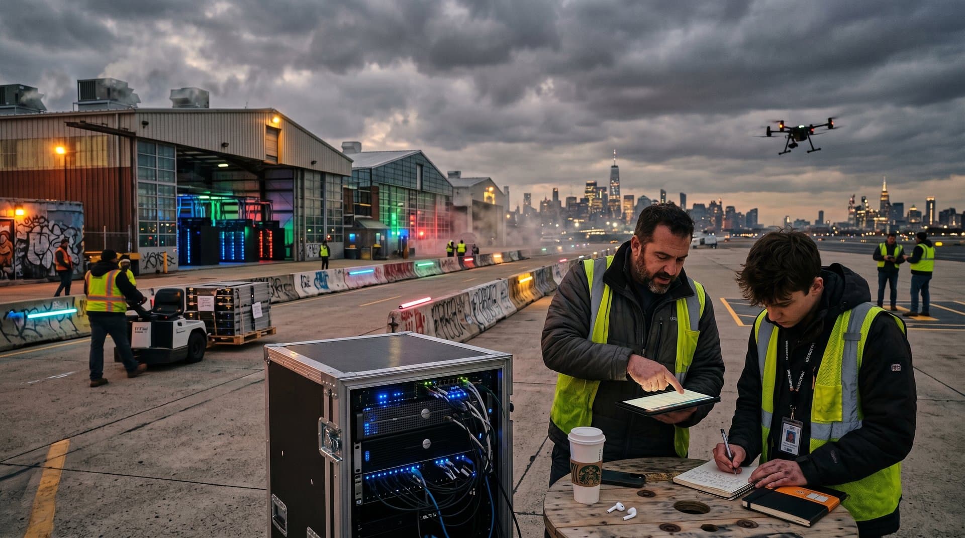 Cyberpunk-Ruine: Verlassenes Flughafenrollfeld wird New Jersey Flughafen AI Data Center mit neonblauen Servern