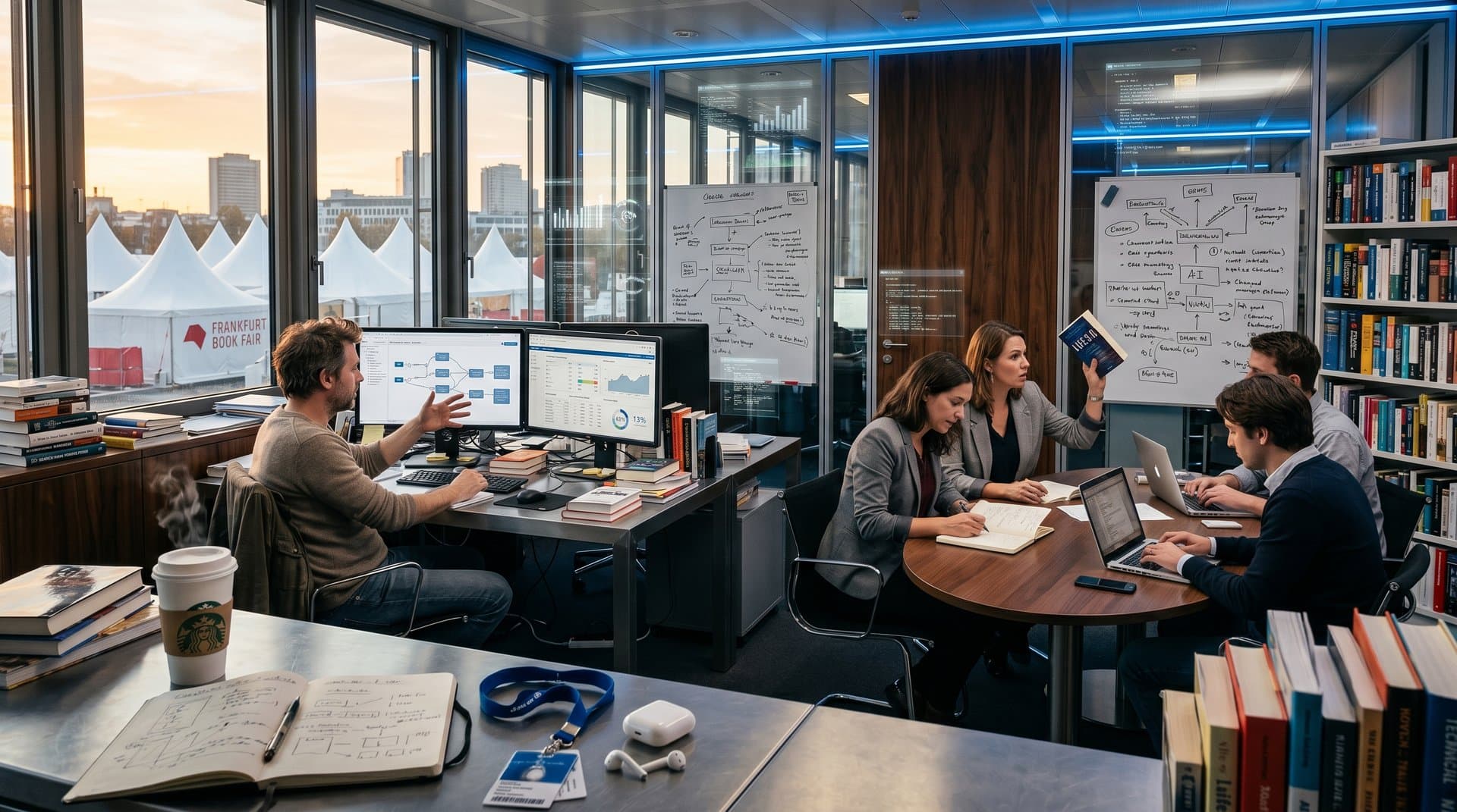 Verlagsbüro mit Autonome KI-Workflows, Manuskripten und Buchmarkt-Daten