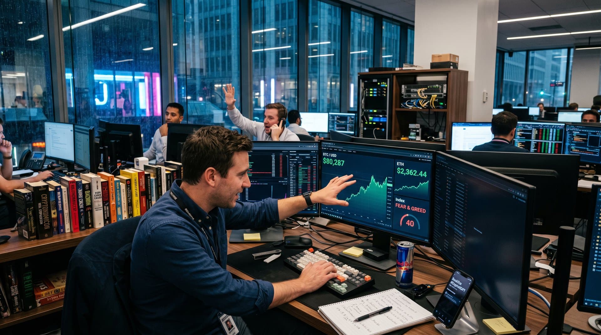 Cyberpunk Trading-Setup mit Sci-Fi-Büchern, BTC-Chart 80k USD und BookTok-Video