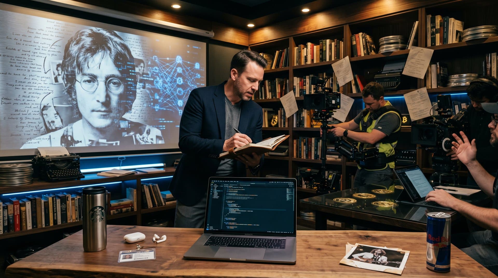 KI-Projektion über John Lennon-Porträt in Kino-Studio mit Büchern und Tech-Elementen