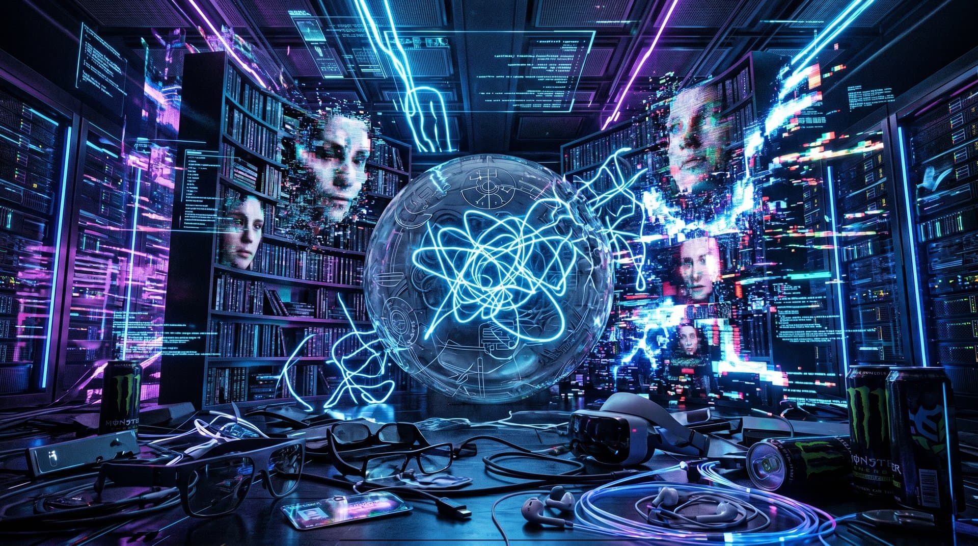 Abstraktes KI-Battlespace mit glitchenden Büchern, Vertrauens-Symbolen und Crypto-Elementen in cyberpunk-Stil