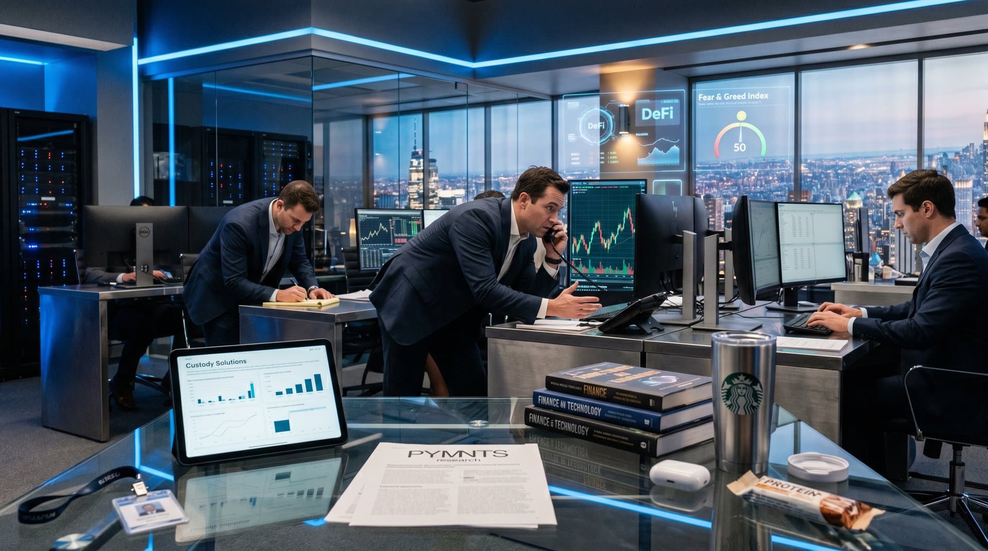 Trading-Floor mit Crypto-Charts: Stablecoins Custody Crypto Playbook, Custody-Diagramme und Marktpreise bei BTC 80.475 USD
