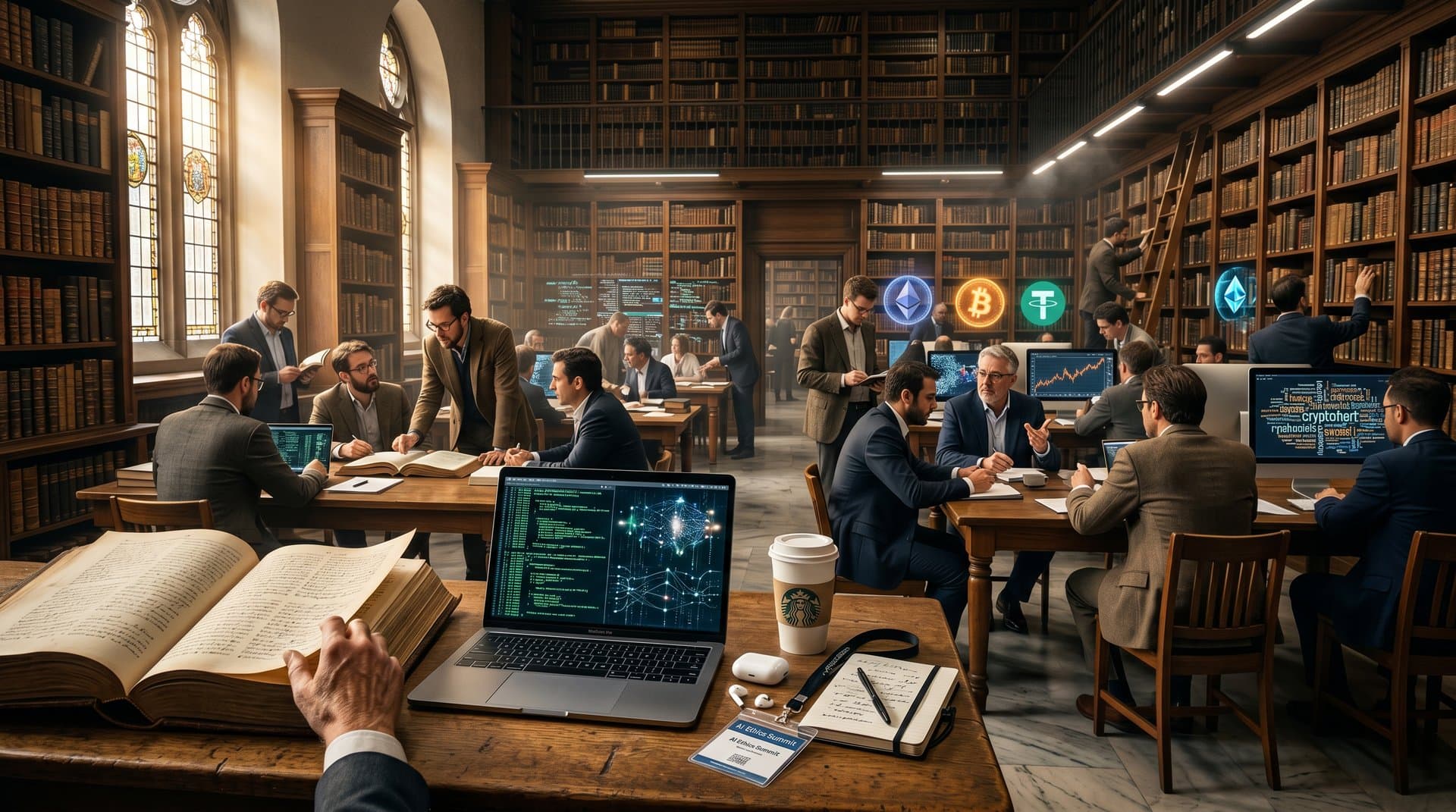 Abstraktes KI-Schlachtfeld mit Büchern, Code und Krypto-Coins in dunkler Bibliothek