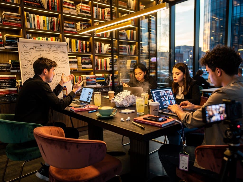 BookTok-Creators in chaotischem Café-Meeting debattieren NYT-Debatte KI-Meetings mit Büchern, Laptops und Notizen