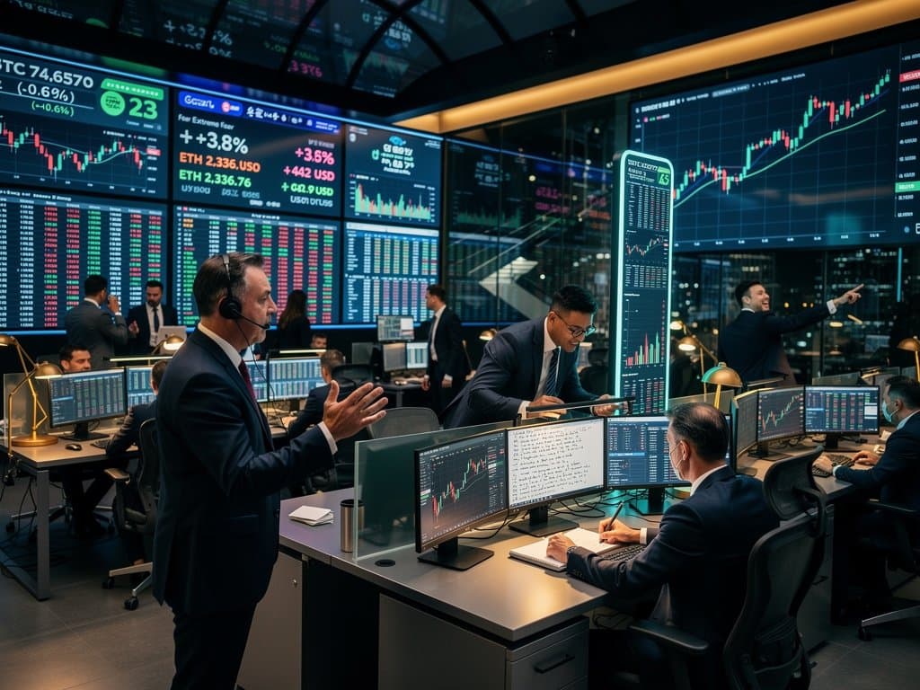 Crypto-Charts und Biografien-Bücher auf Trading-Floor: BTC 74k, Fear 23