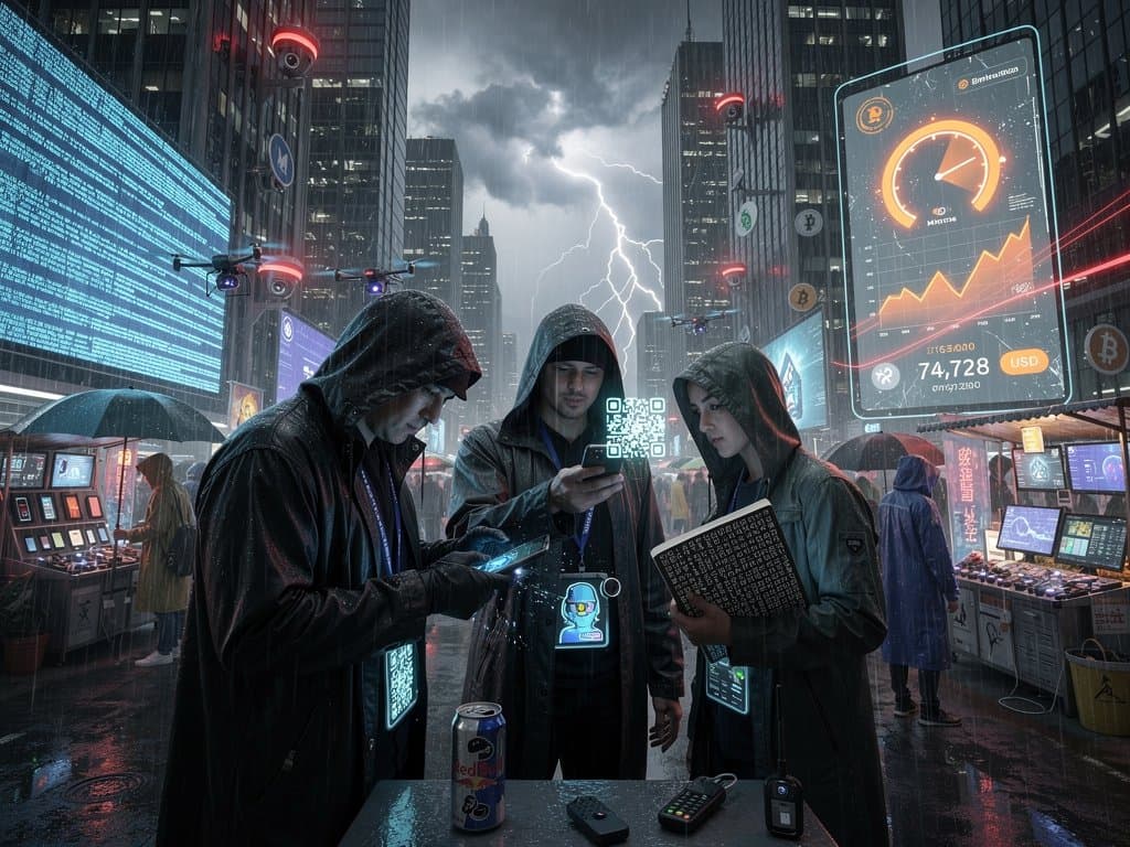 Dystopische AI-Überwachungsstadt mit Fear & Greed Index 23, BTC-Ticker und US-Kapitolin