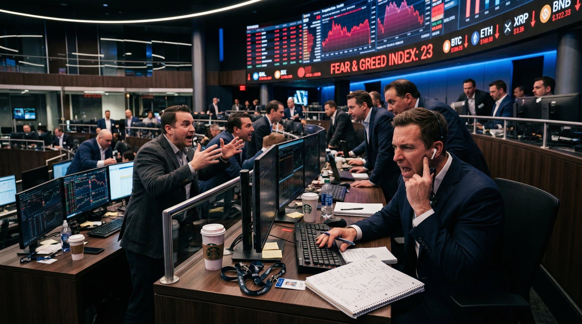 Börsenhalle mit Fear & Greed Index 23, fallende Krypto-Charts und KI-Roboter bei Arbeitern.