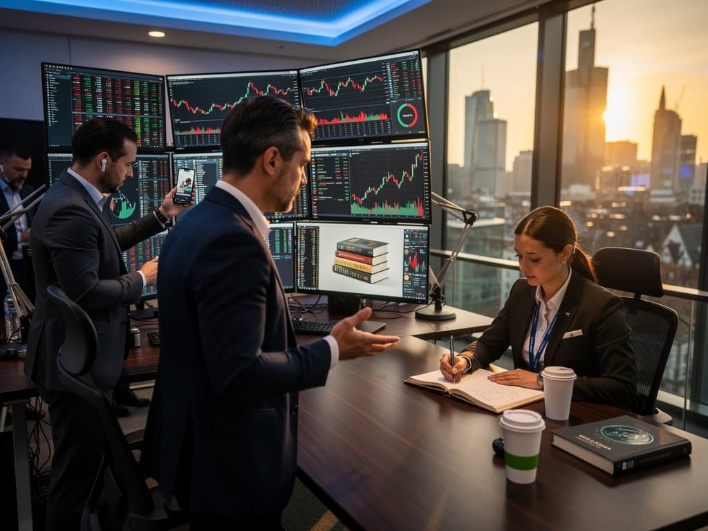 Trader und Bücher zu Krypto auf modernem Tradingbüro-Schreibtisch mit Charts zu BTC und Fear Index