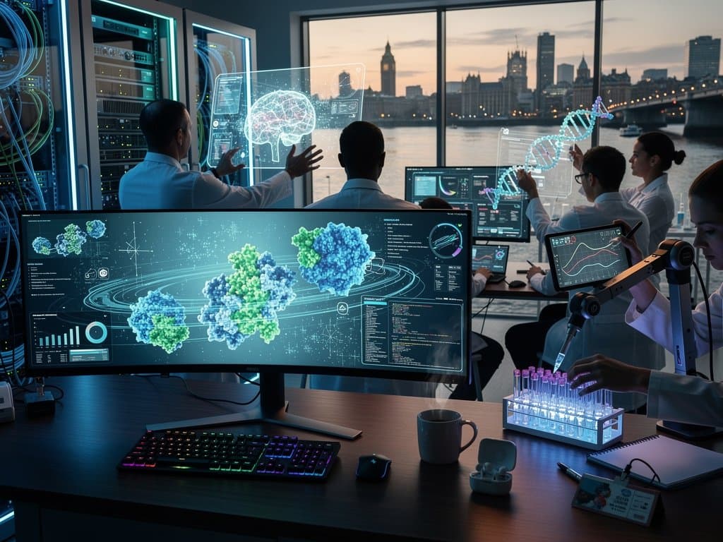 Forscher im High-Tech-Labor analysieren KI-Simulationen mit Grafiken, Servern und modernem Equipment.
