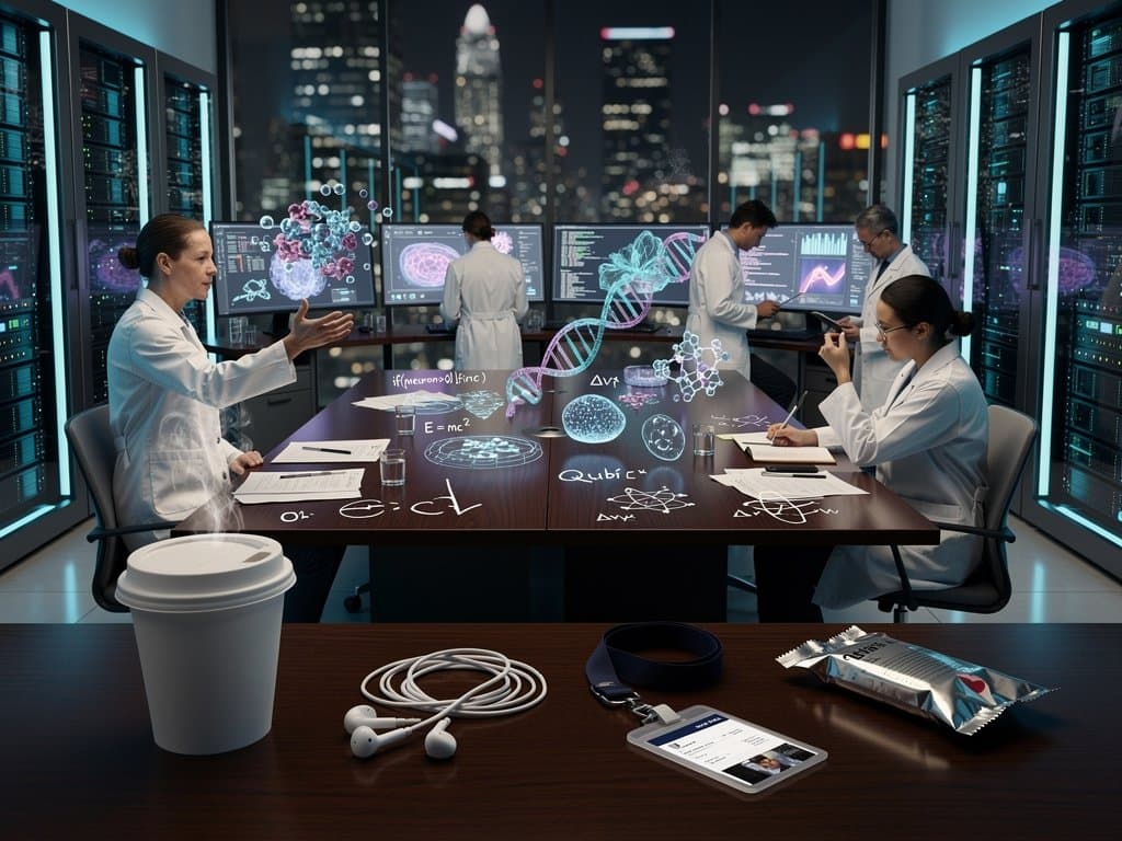 High-tech Labor mit Servern, KI-Visualisierungen auf Monitoren und kollaborativen Arbeitsflächen