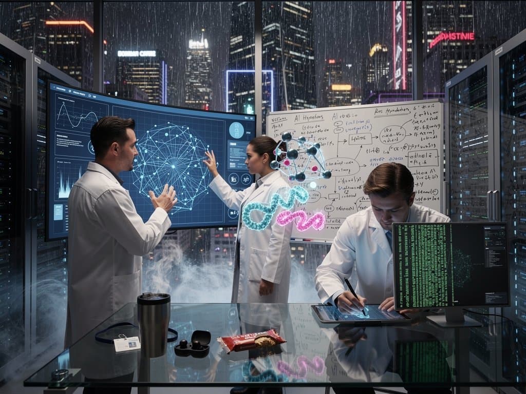 Futuristisches KI-Labor mit neuronalen Netzwerken, Code und Servern in dramatischer Tech-Ästhetik