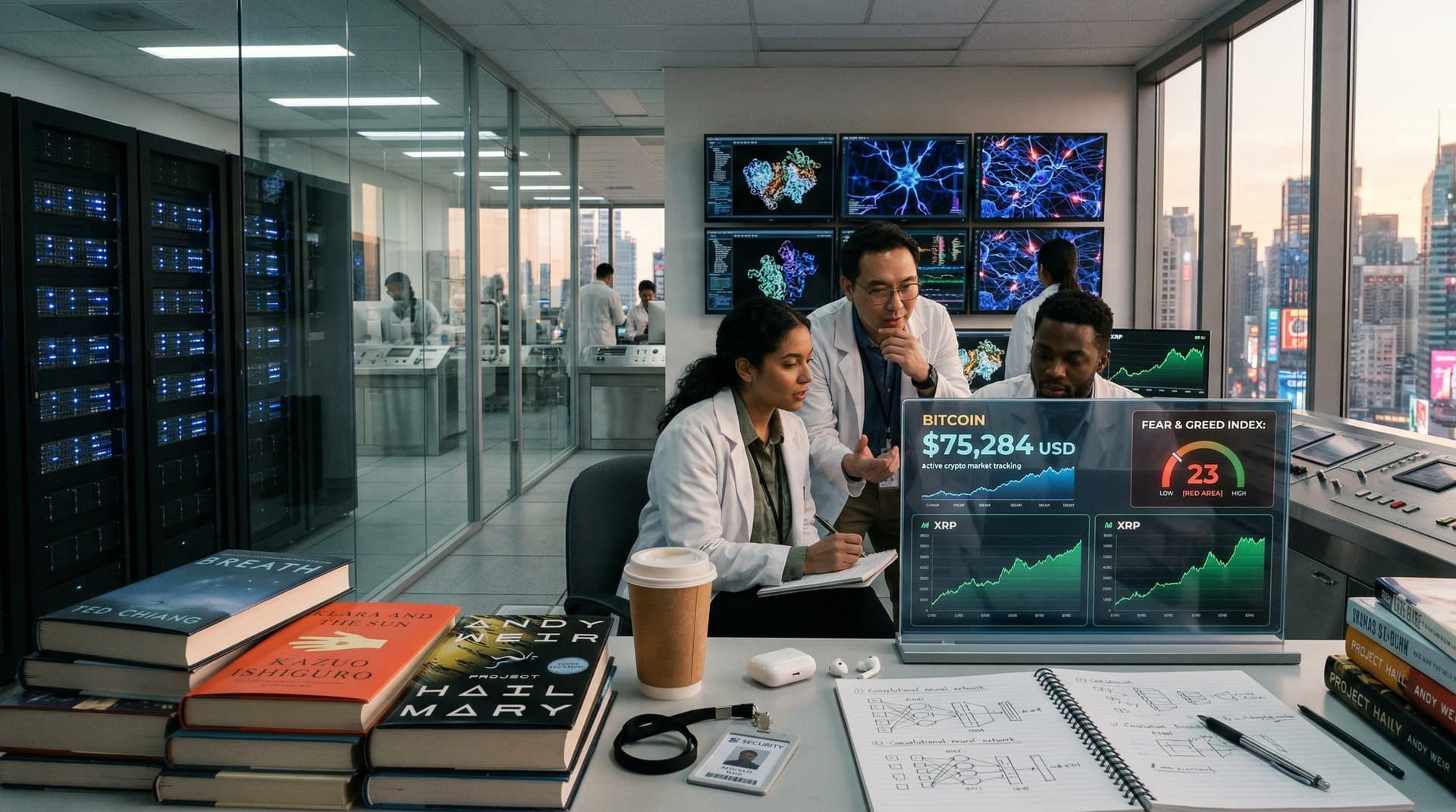 Futuristisches Labor mit KI-Visualisierungen, Sci-Fi-Büchern und Krypto-Charts in modernem Tech-Design.