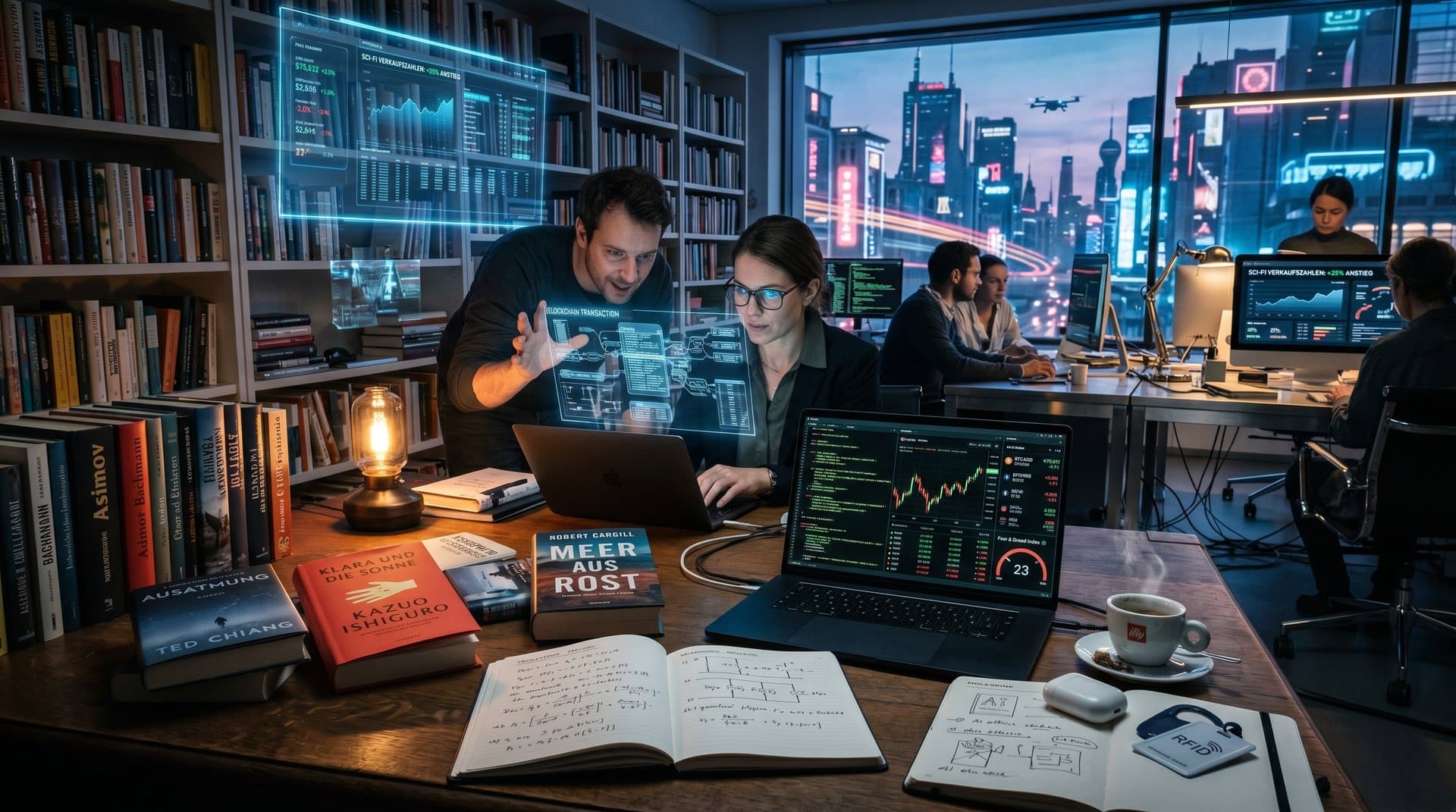 Futuristisches Labor mit KI-Sci-Fi-Büchern, Crypto-Charts und Fear Index 23