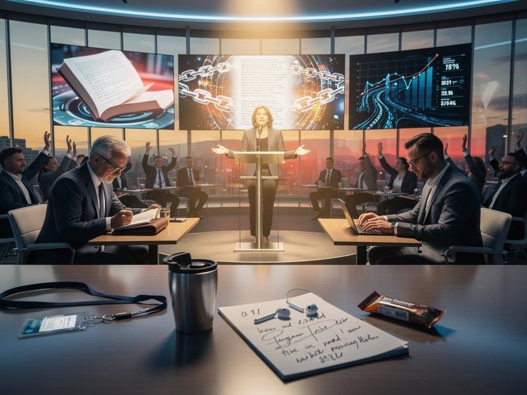 Futuristische Debatte über AI-IP-Diebstahl mit Buch, Blockchain und holografischen Elementen