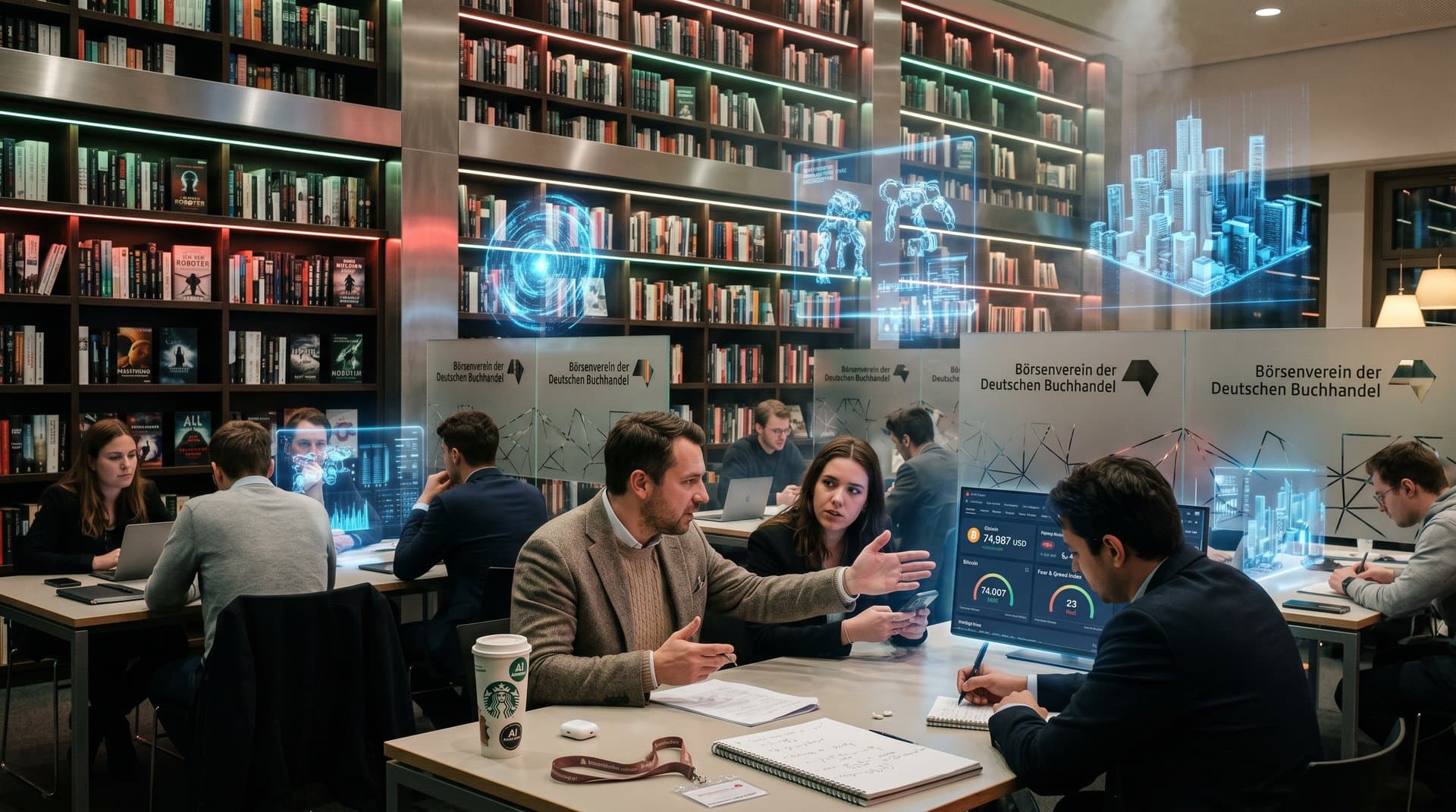 Holografische Sci-Fi-Bücher und BookTok-Reels mit Crypto-Charts in futuristischer Bibliothek