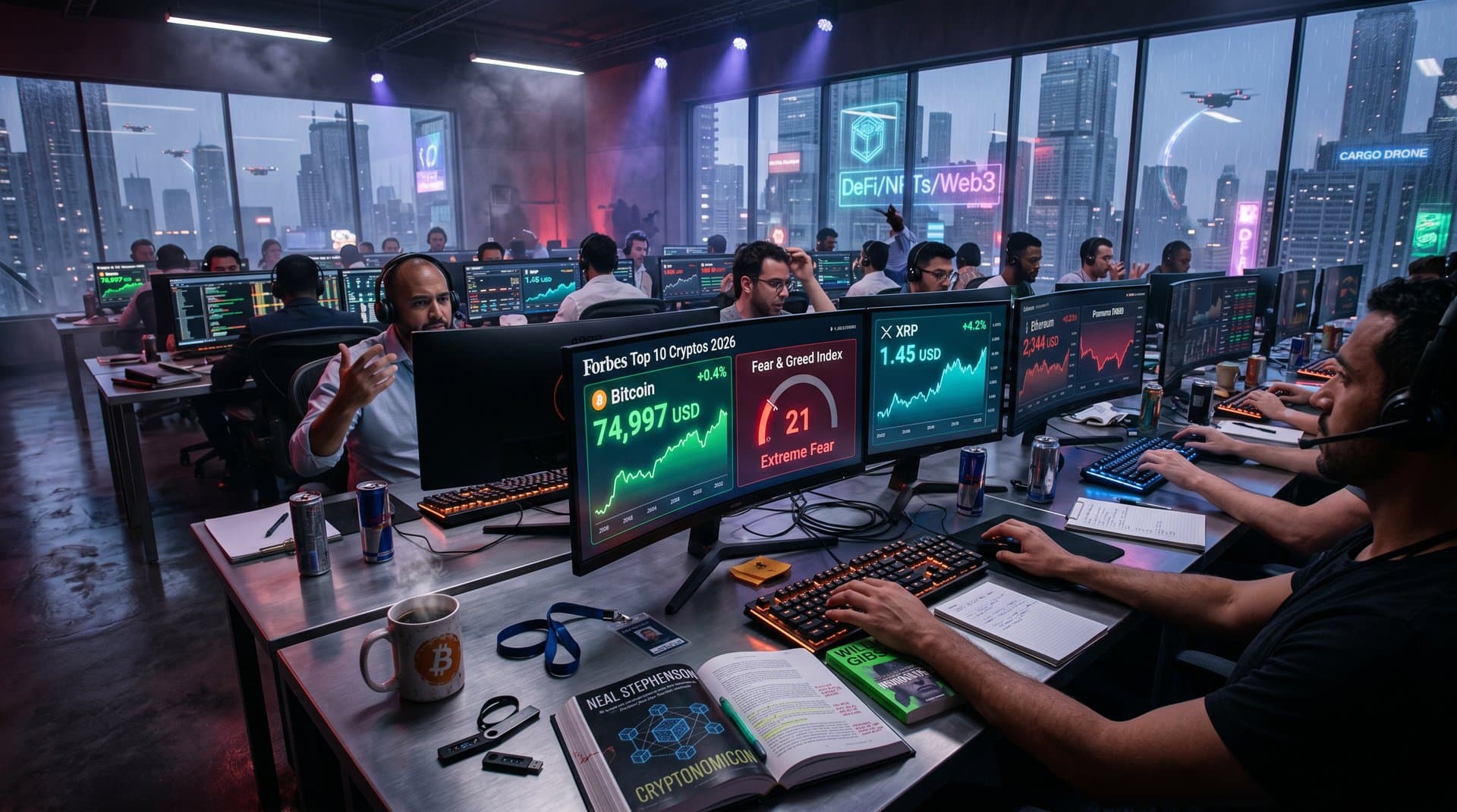 Futuristisches Trading-Desk mit Crypto-Charts: BTC bei 74.997 USD, Fear & Greed 21, Sci-Fi-Bücher wie Cryptonomicon in neonbeleuchtetem Raum