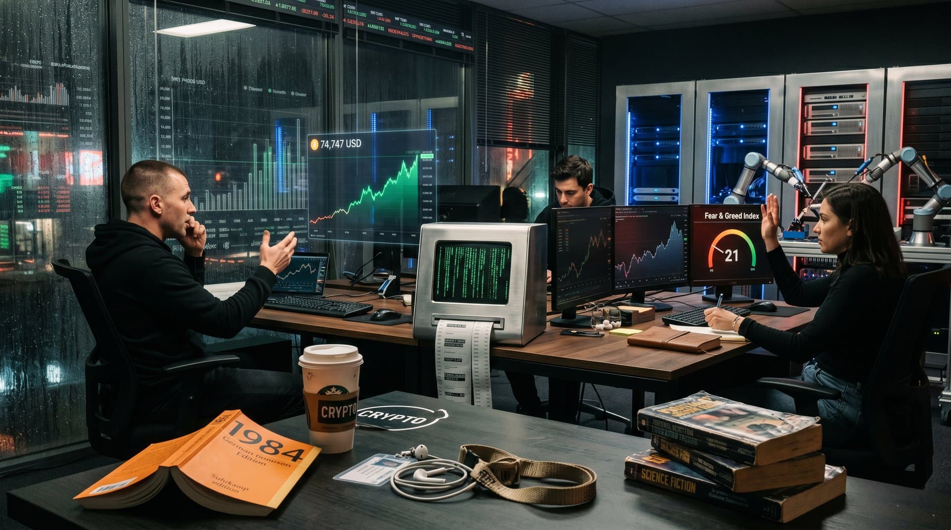 Dystopisches Büro mit '1984'-Buch, KI-Terminal und Bitcoin-Charts, Newspeak-Symbole und Fear Index-Grafik