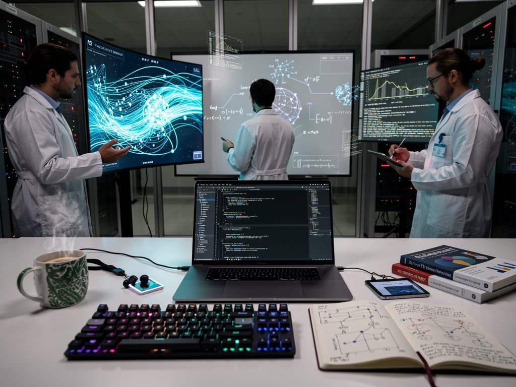 Abstraktes KI-Forschungslabor mit neuronalen Netzen, Servern, Code und Algorithmen in premium Tech-Ambiente