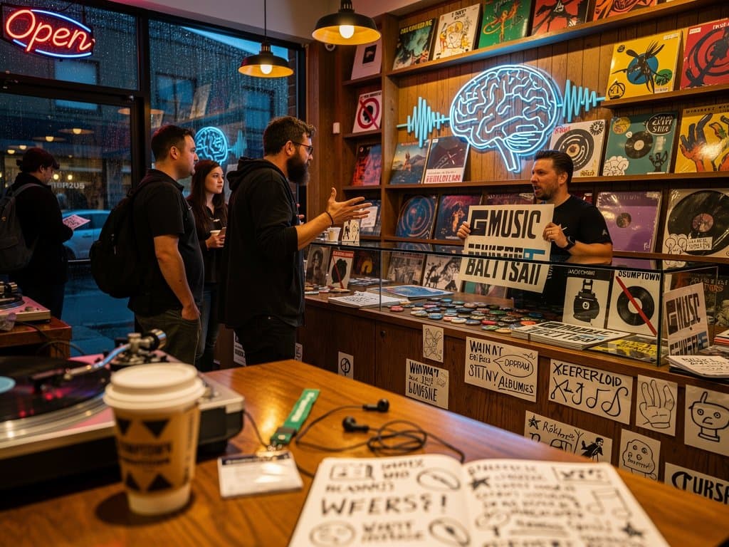 Portland record store with cancelled AI event sign, vinyl shelves and protest flyers under warm lighting