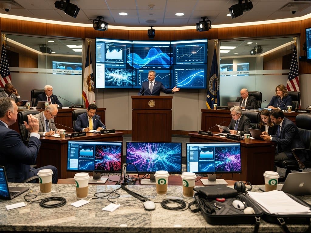 Kongresssaal mit Podium, AI-Bildschirmen, Experten an Schreibtischen und Prosperitätsdiagrammen