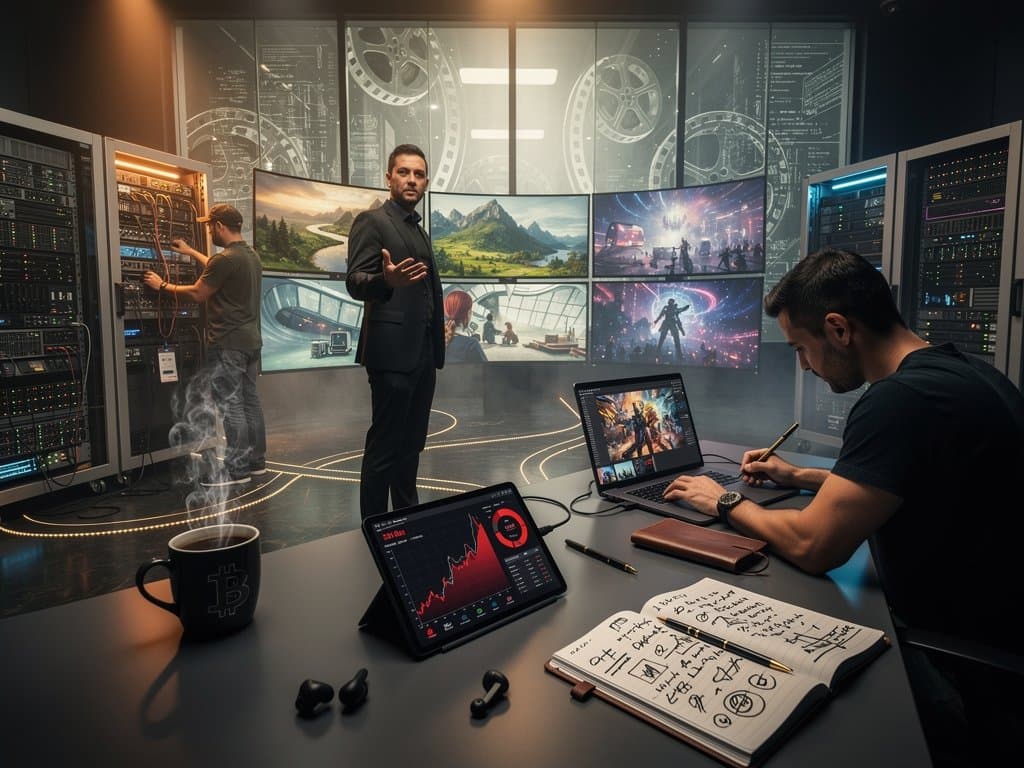 KI-generierte Filmszenen auf Monitoren in modernem Studio mit Tech-Elementen