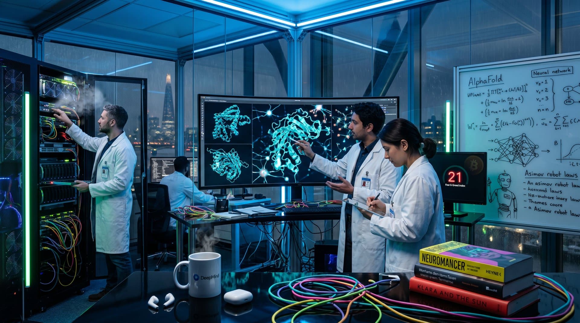 Futuristisches Labor mit KI-Proteinstrukturen, Sci-Fi-Büchern und Crypto-Daten