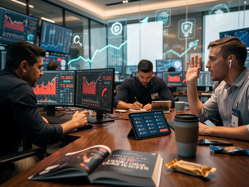 Crypto-Charts mit Buch ‘Everyone Is Lying to You for Money’, BTC 75k USD, Fear & Greed 21