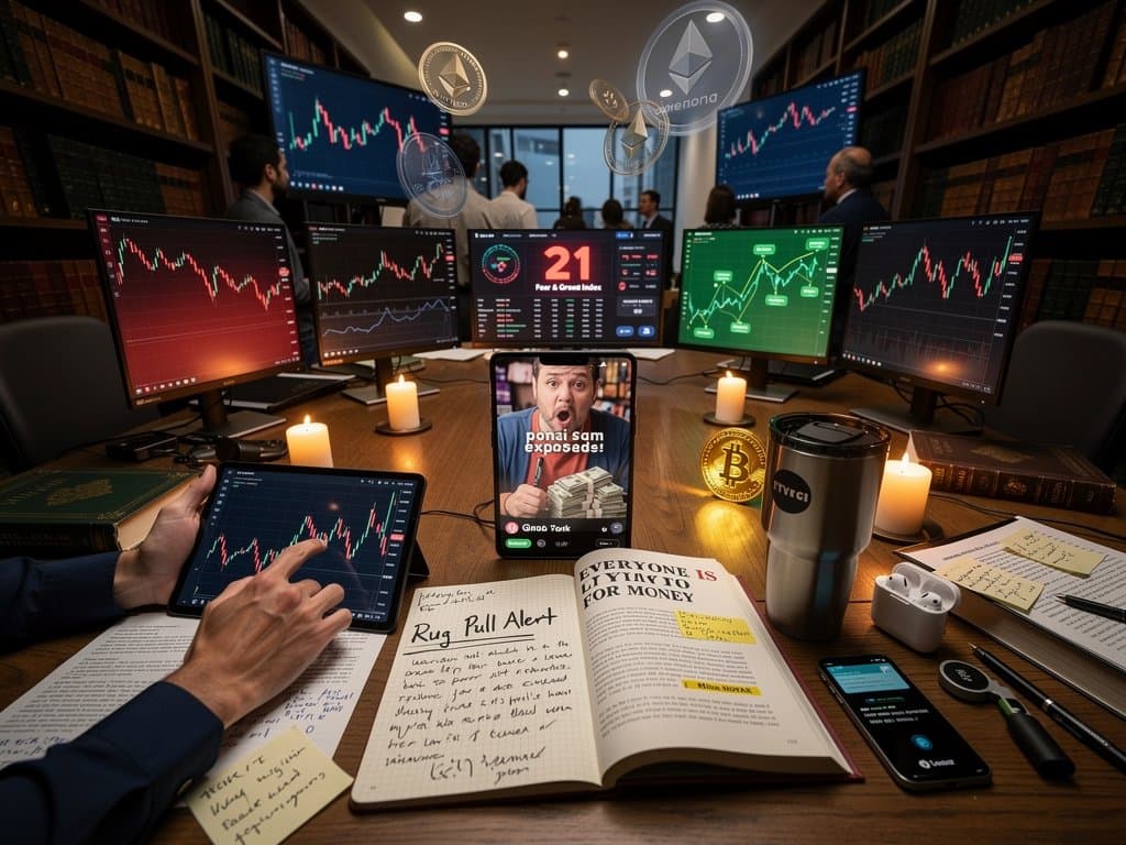 Offenes Buch ‘Everyone Is Lying to You for Money’ mit Krypto-Charts, BookTok-Smartphone und Fear & Greed Index in düsterer Bibliothek