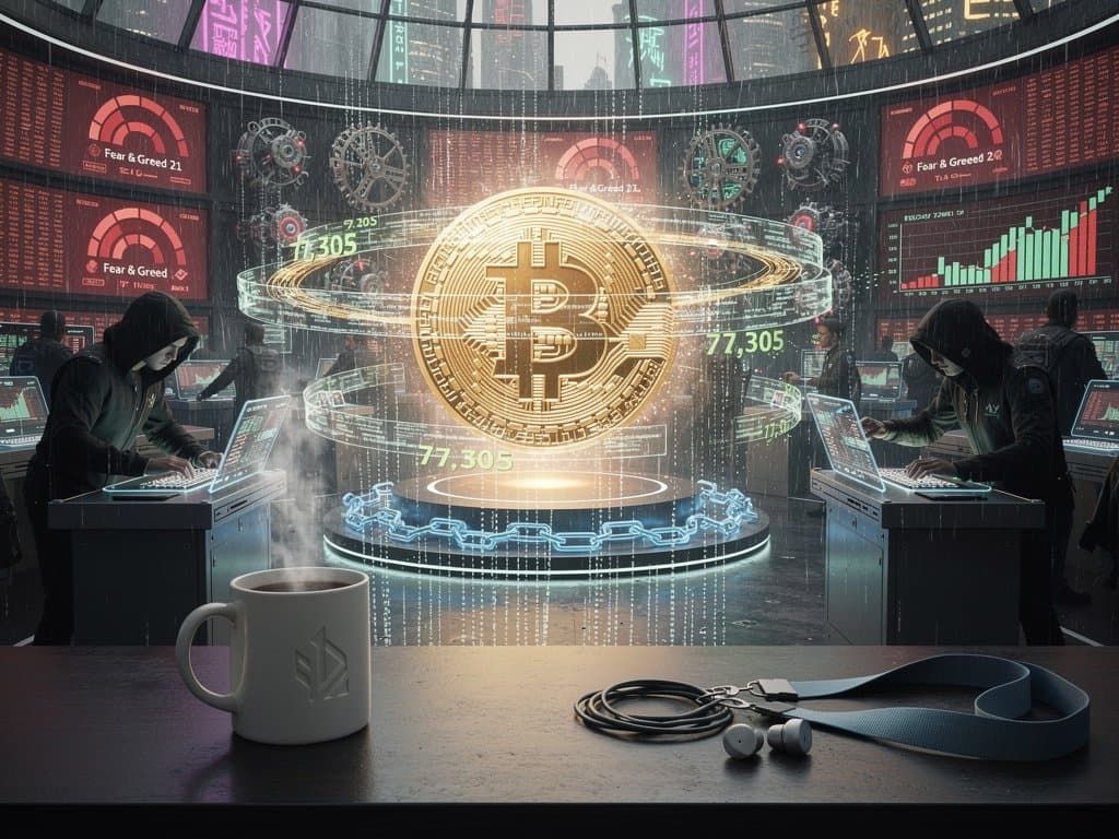 Cyberpunk-Cyberspace mit Bitcoin-Preis 77.305 USD, Neuromancer-Matrix und Candlestick-Charts