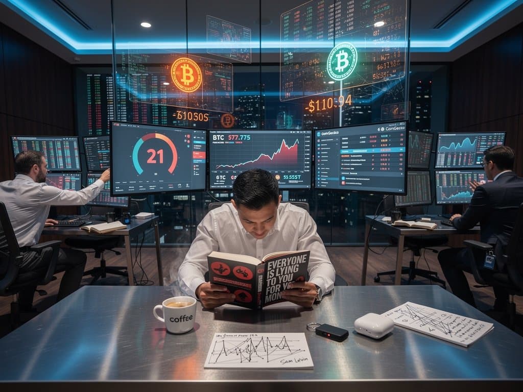 Buch ‘Everyone Is Lying to You for Money’ mit Krypto-Charts und Fear Index auf Trading-Desk