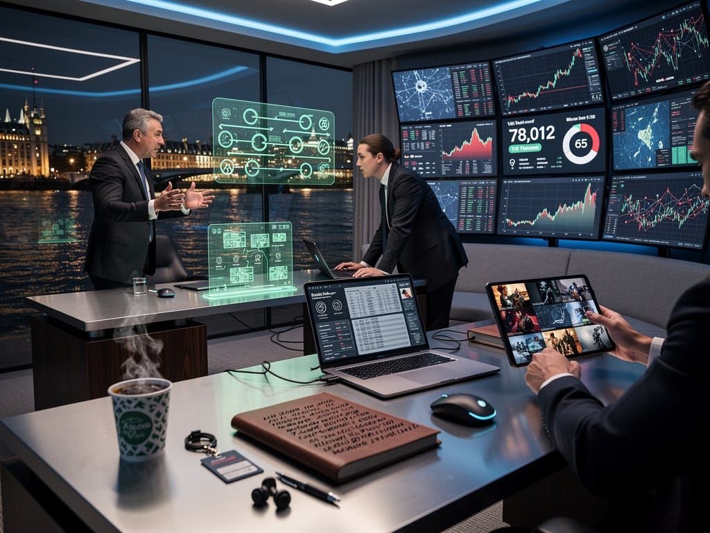 Anwälte analysieren Blockchain-Daten in modernem Gerichtssaal mit Grafiken und Reports