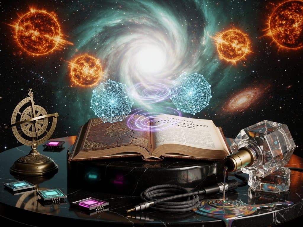 Sci-fi Buch mit kosmischem Universum und AI-Elementen im Stil klassischer Pulp-Cover