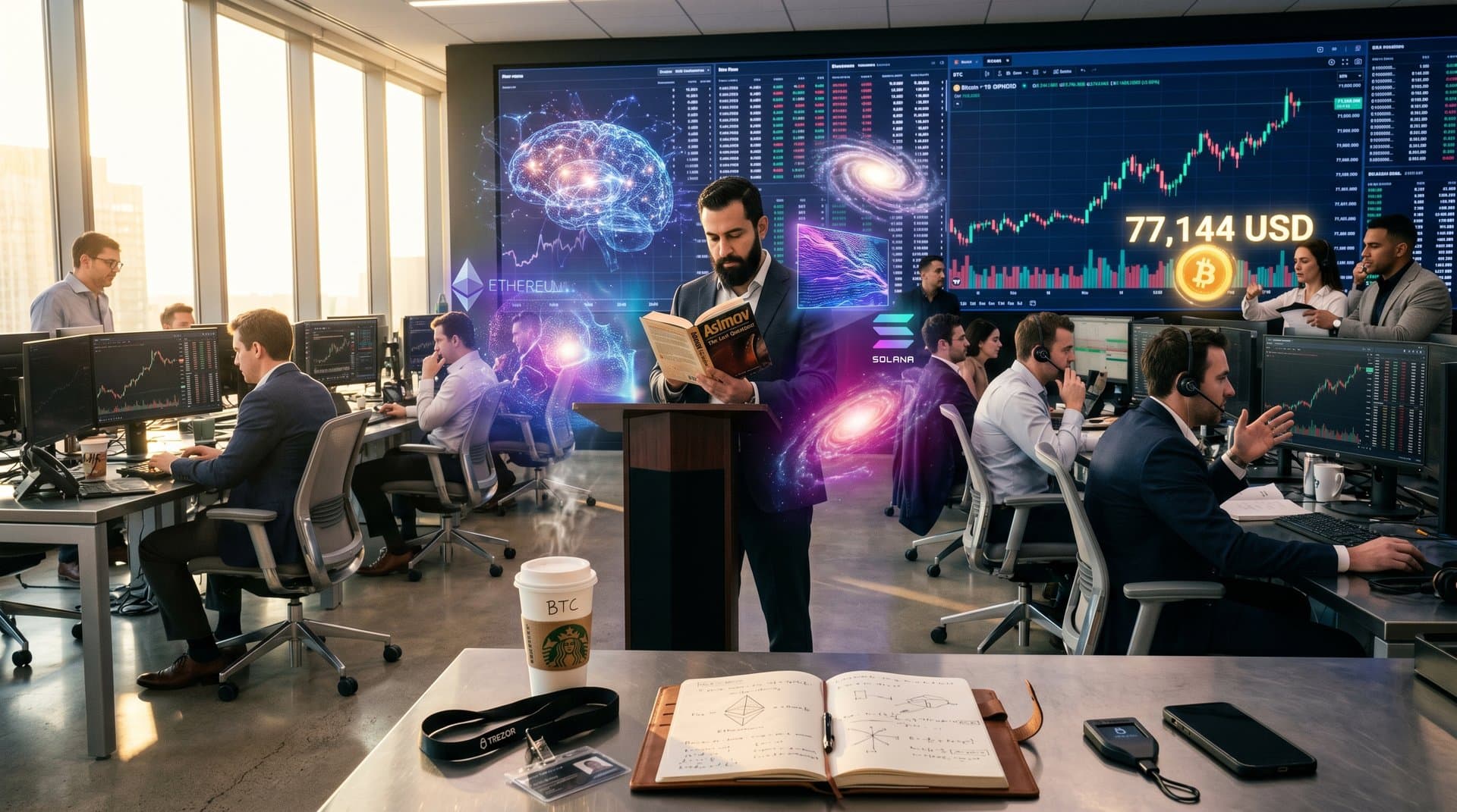 Sci-fi Buch Die letzte Frage mit BTC-Chart und AI-Netzwerken im Kosmos