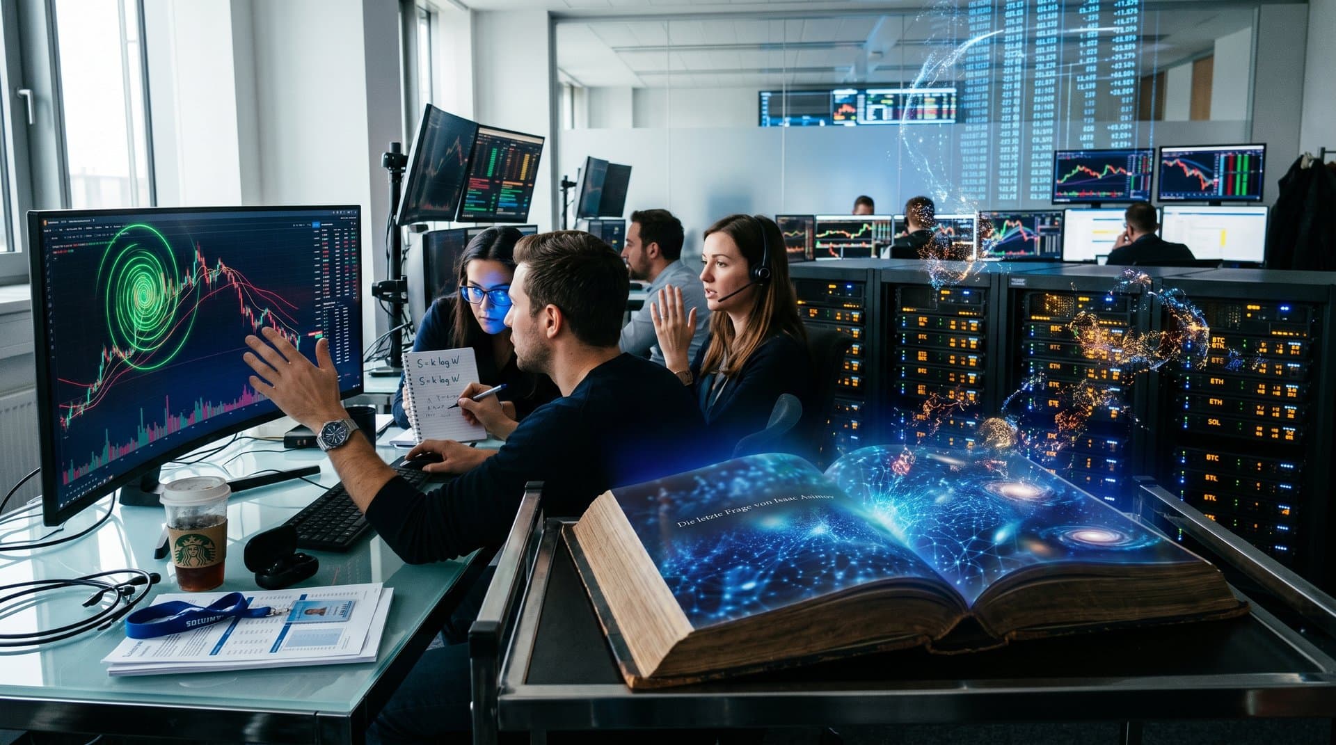 Offenes Buch Die letzte Frage mit KI-Entropie und BTC-Charts in Sci-Fi-Ambiente