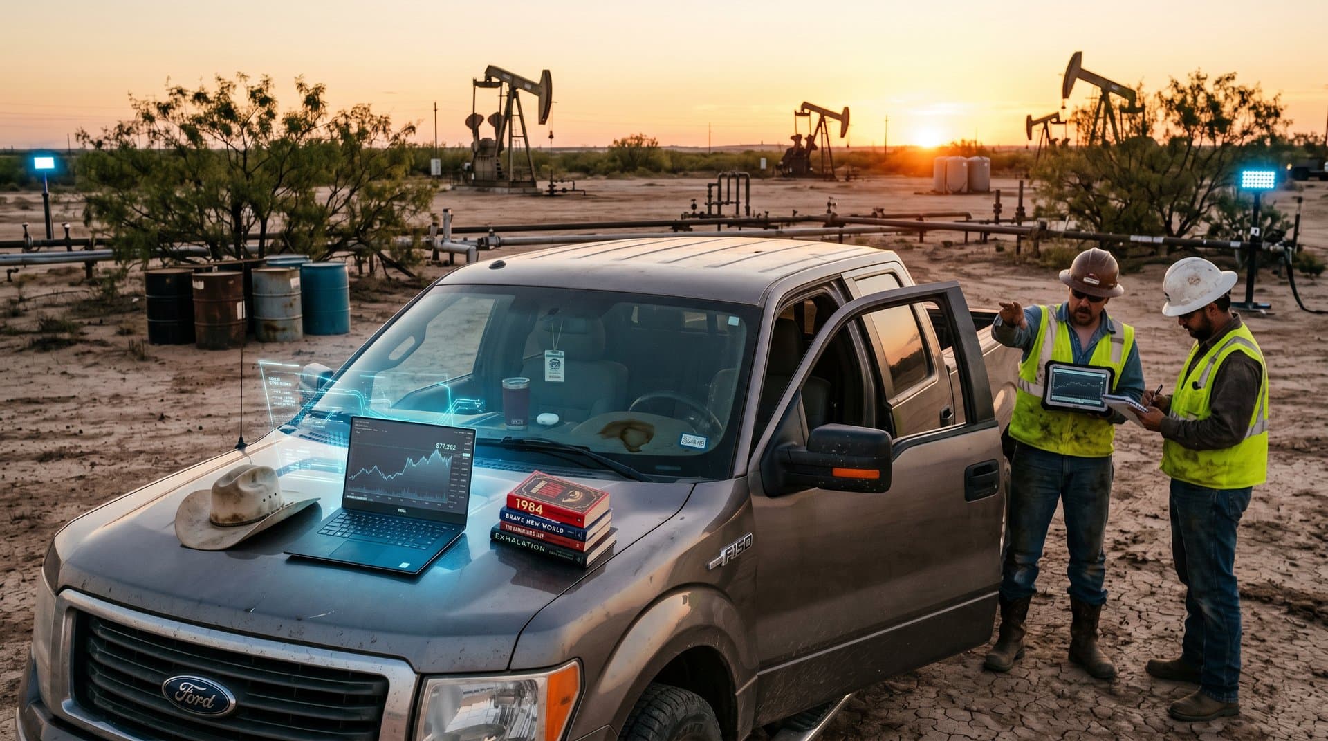 Texanische Öl-Landschaft mit KI- und Crypto-Elementen, dystopische Bücher