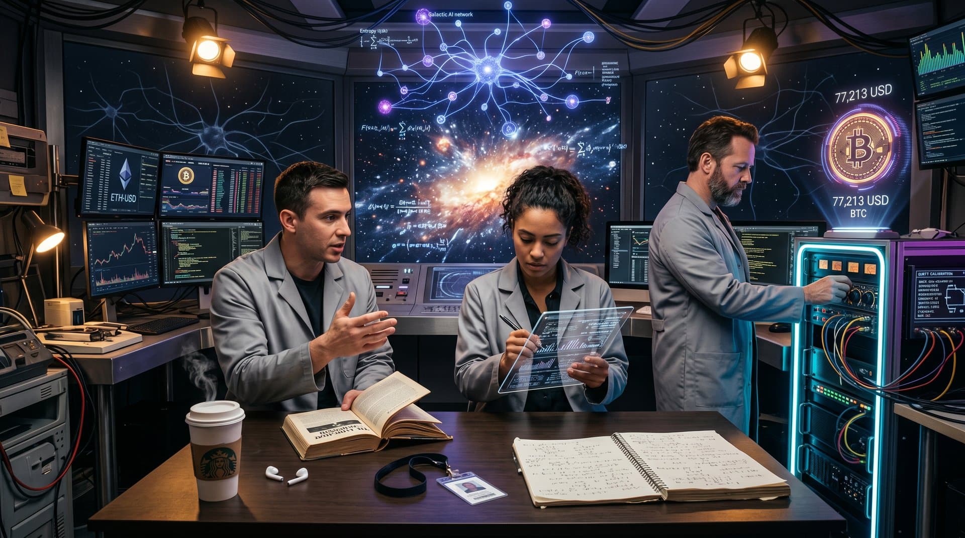 SciFi-Labor mit Asimov-Buch, KI-Visuals, Crypto-Charts und kosmischer Atmosphäre