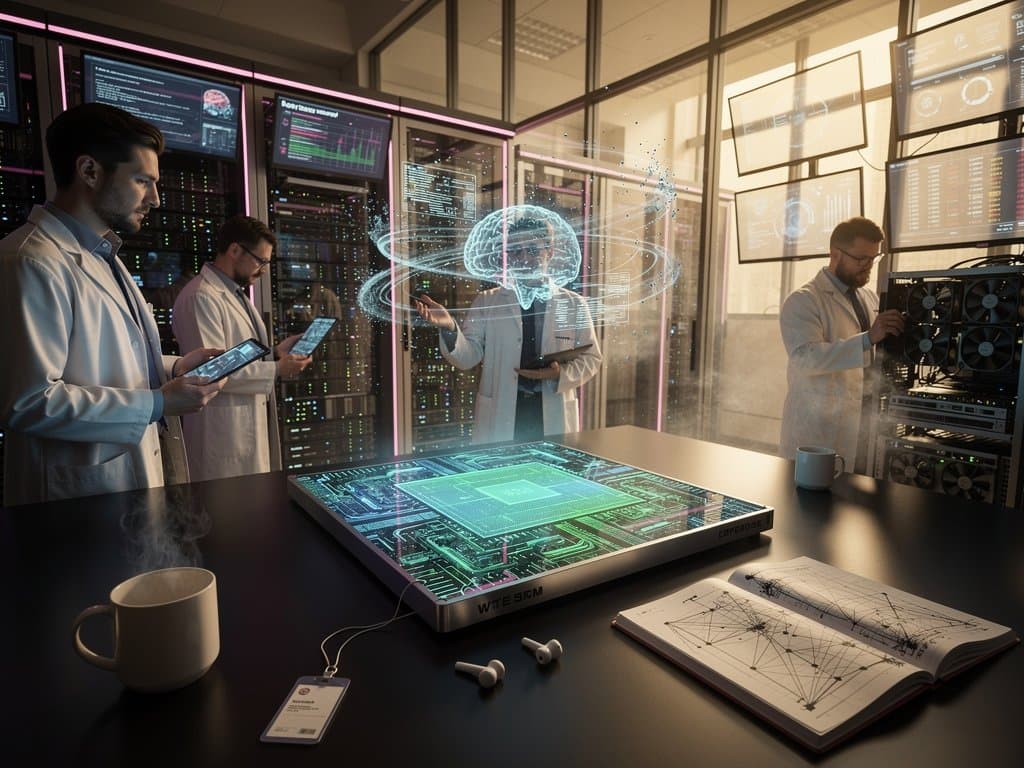 Futuristisches Cerebras AI-Chip-Labor mit Wafer-Scale Engine, holografischen Daten und Server-Racks für KI-Literatur-Revolution