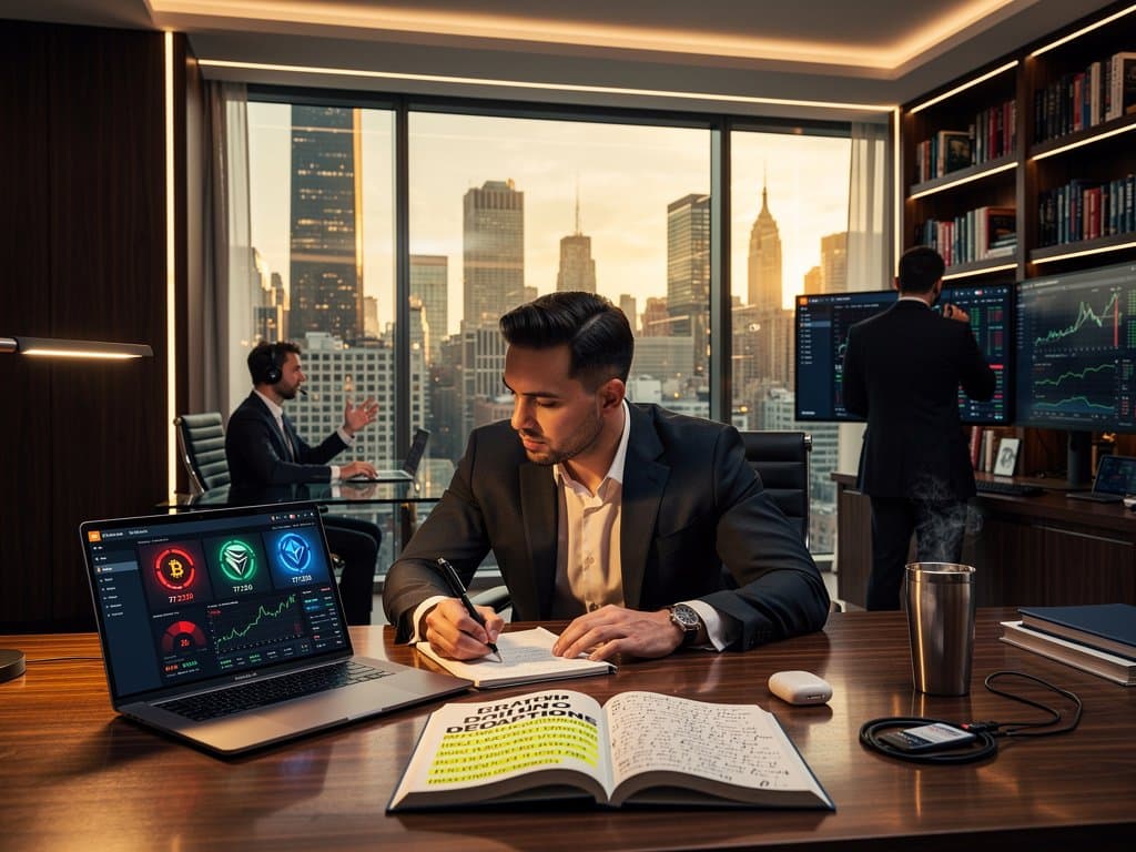 Offenes Buch Everyone Is Lying To You For Money mit BTC-Chart und Fear & Greed Index auf Laptop in modernem Büro