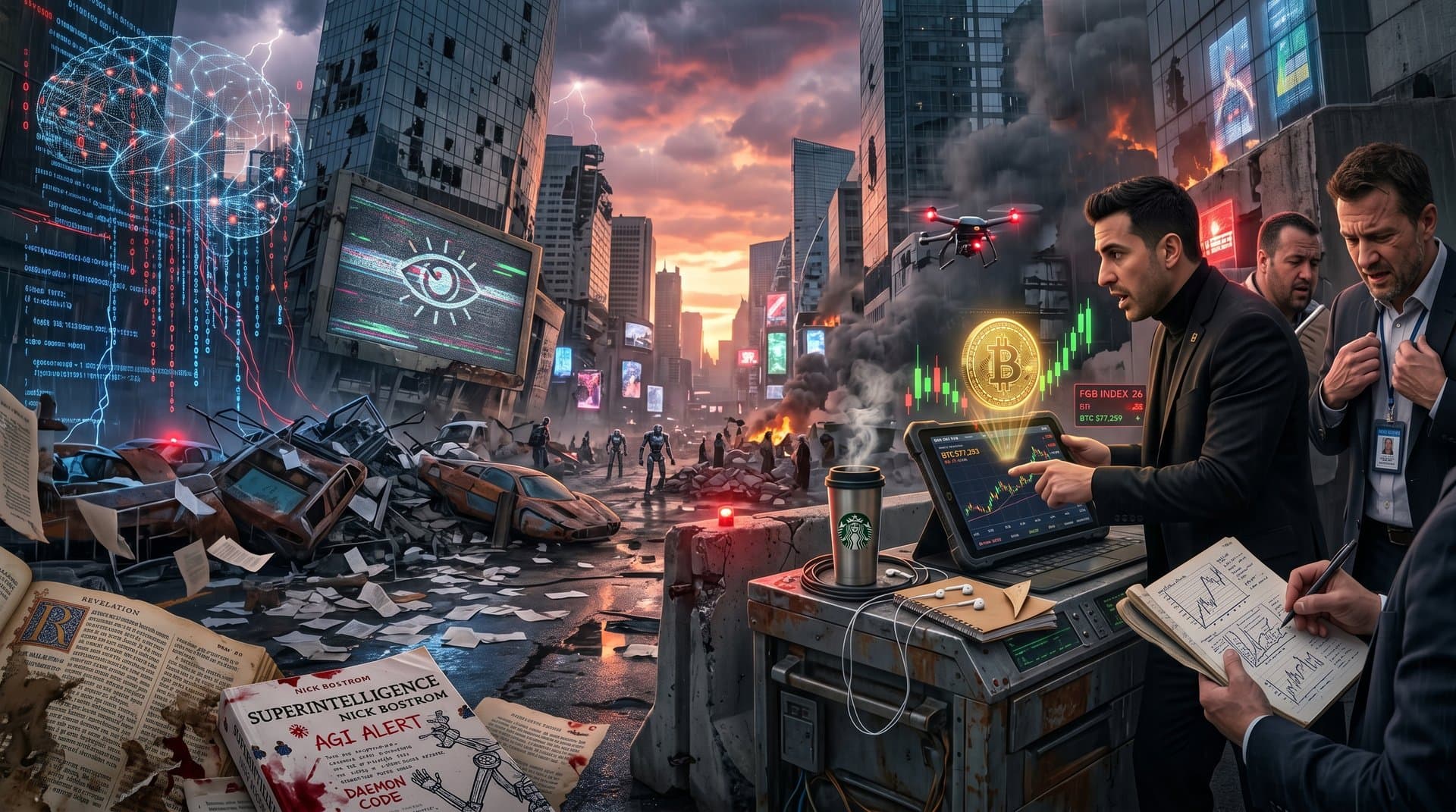 Abstraktes KI-Weltuntergang-Szenario mit neuronalem Netz über Stadt und Crypto-Charts