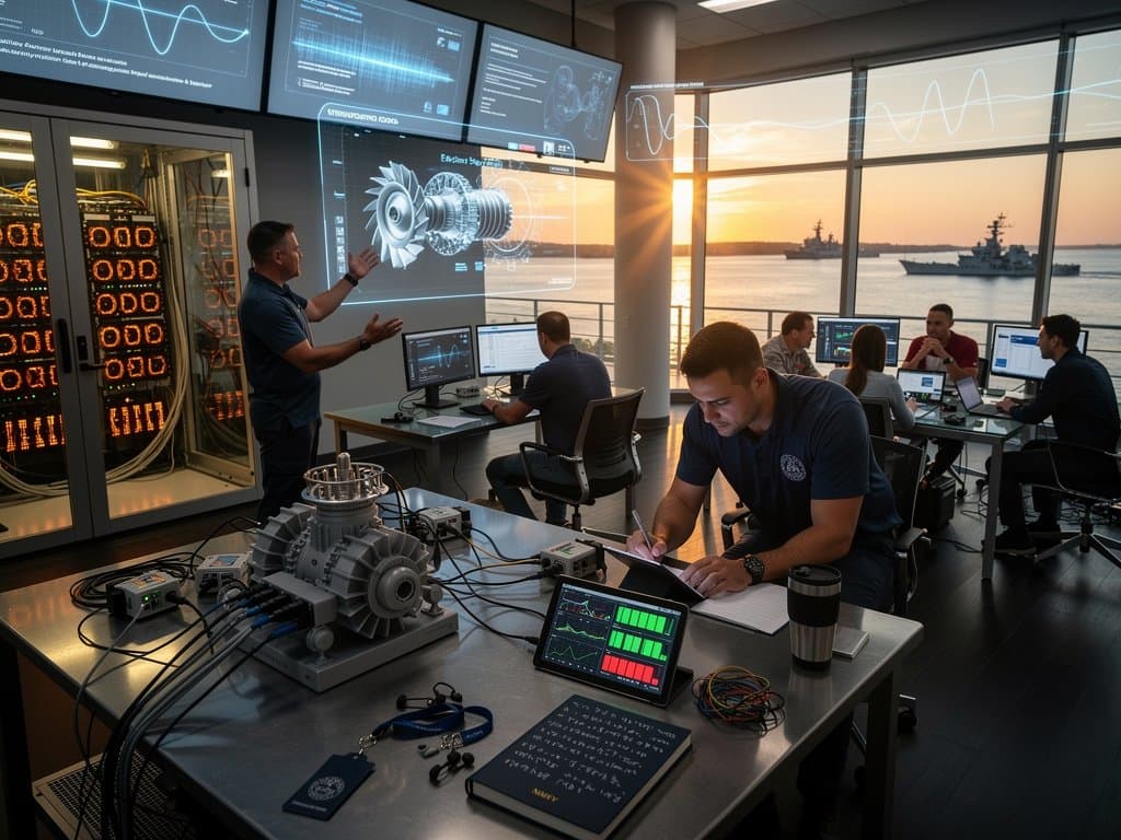 Modernes Navy-Labor mit AI-Dashboards und Sensorgraphen für Schiffsmaschinen