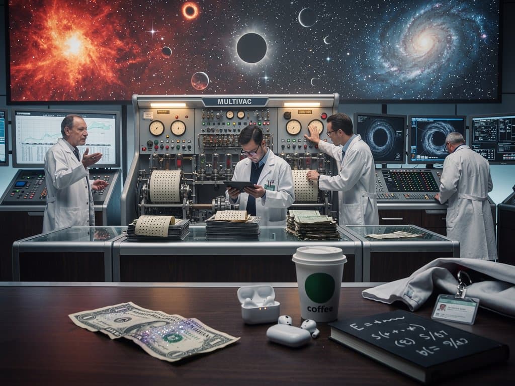 Kosmisches Sci-Fi-Artwork mit Multivac-Konsole, Entropie-Zeitlinien und 5-Dollar-Wette