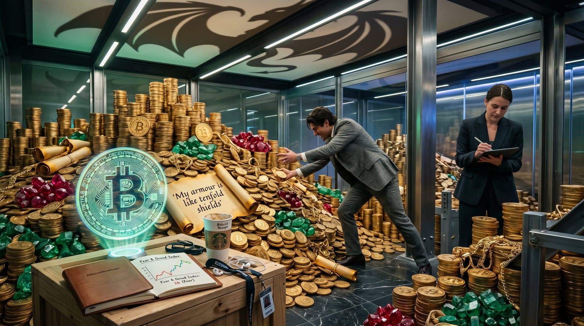 Drachenschatz mit Bitcoin-Stapel und Fantasy-Elementen für MicroStrategy-Hort-Metapher