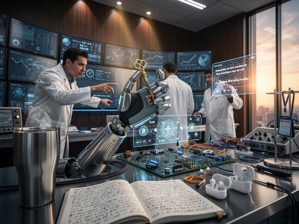 Humanoider Roboterhand hält Schlüssel in Tech-Lab mit Ingenieuren, Monitoren und Crypto-Charts