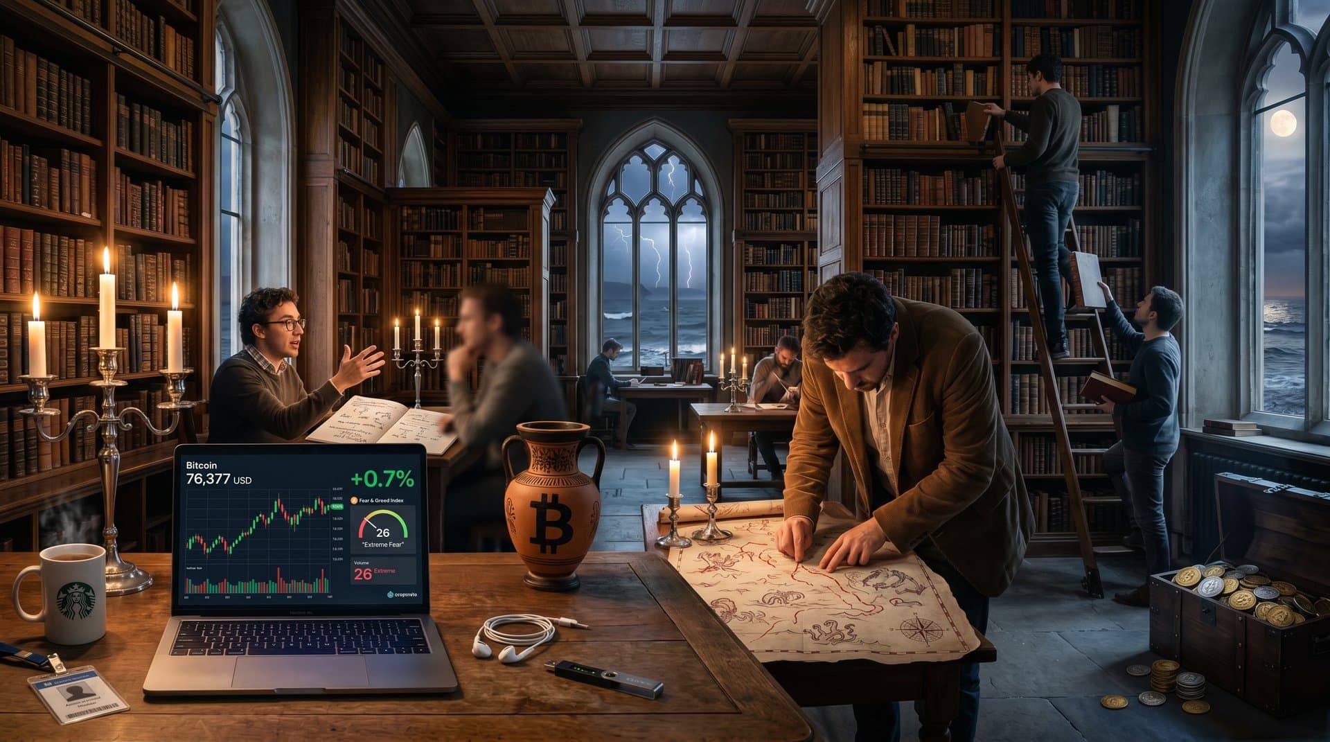 Bibliotheksszene mit Odyssee, Faust und Bitcoin-Chart bei 76.377 USD, Fear & Greed 26