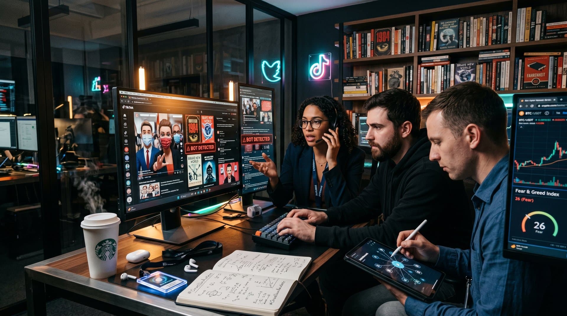 BookTok-Feed mit Fake Pro-Trump Avataren, Orwell-Büchern und Crypto-Charts in dystopischer Cyberpunk-Ästhetik