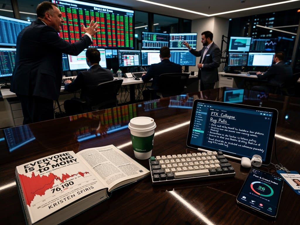 Abstrakter Trading Desk mit Crypto-Buch, roten Charts bei BTC 76k USD und Fear & Greed 26