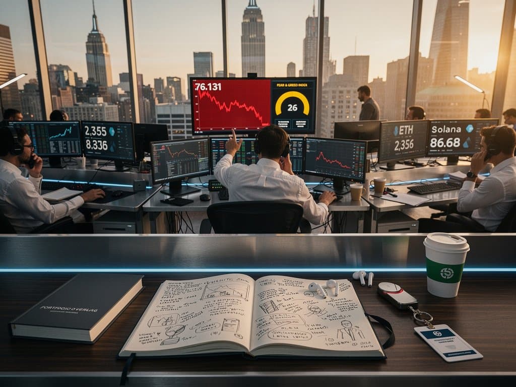 Crypto-Charts auf Trading-Terminals: BTC 76.131 USD, Fear & Greed 26, Manhattan-Skyline